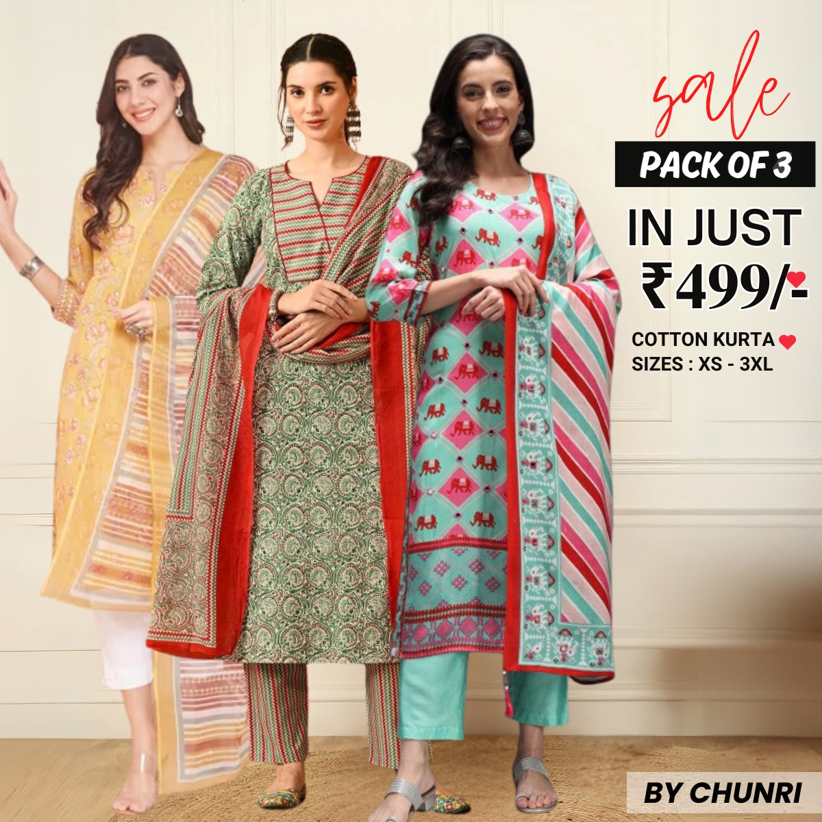 Comfort Meets Style: Women’s 3 Pack Cotton Kurta Set with Dupatta for Everyday Elegance| CK-06