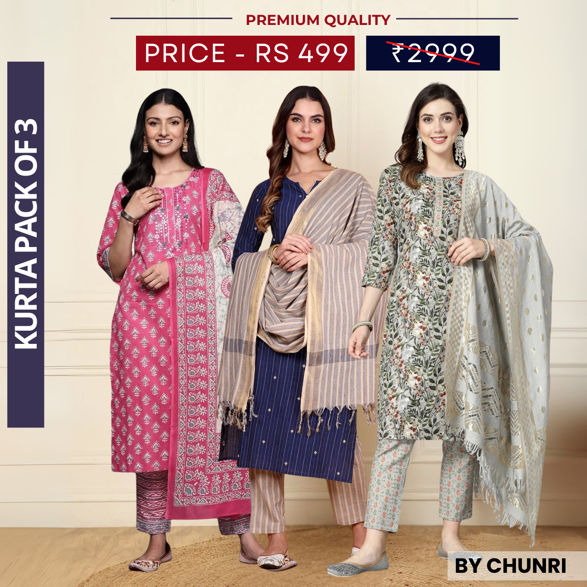 3 Piece Cotton Kurti Combo | Ideal for Office, Casual & Festive Looks | KC-06