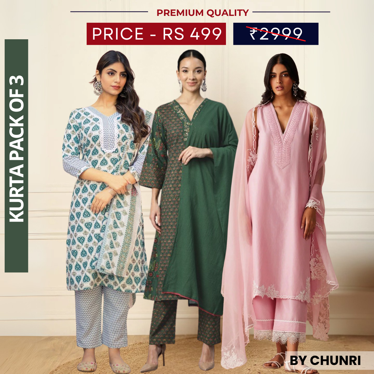 3 Piece Cotton Kurti Combo | Ideal for Office, Casual & Festive Looks | KC-08
