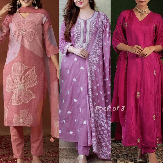 Elegant 3-Piece Women Kurti Set with Dupatta Combo Pack – Stylish, Comfortable & Versatile Ethnic Wear | KS-10