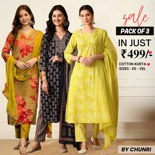 Comfort Meets Style: Women’s 3 Pack Cotton Kurta Set with Dupatta for Everyday Elegance| CK-10