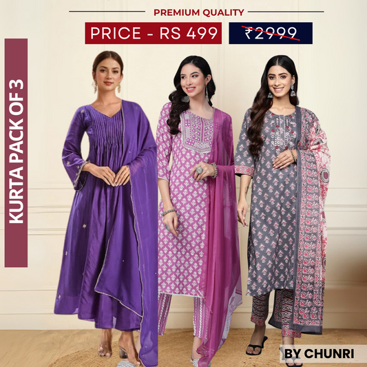 3 Piece Cotton Kurti Combo | Ideal for Office, Casual & Festive Looks | KC-10