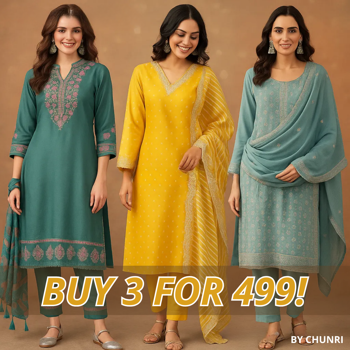 PACK OF 3 | Stylish Women’s Suit Set with Matching Dupatta | Perfect for Festivals & Parties | SD-09