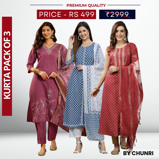 3 Piece Cotton Kurti Combo | Ideal for Office, Casual & Festive Looks | KC-01
