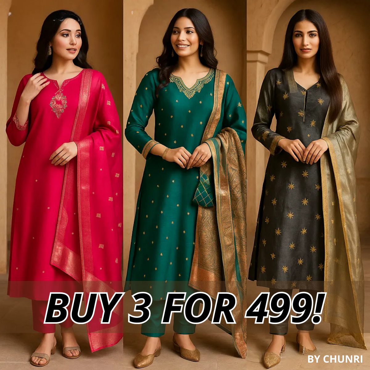 PACK OF 3 | Stylish Women’s Suit Set with Matching Dupatta | Perfect for Festivals & Parties | SD-10