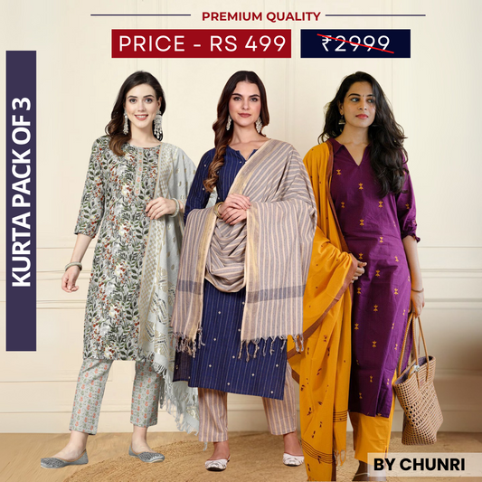 3 Piece Cotton Kurti Combo | Ideal for Office, Casual & Festive Looks | KC-02