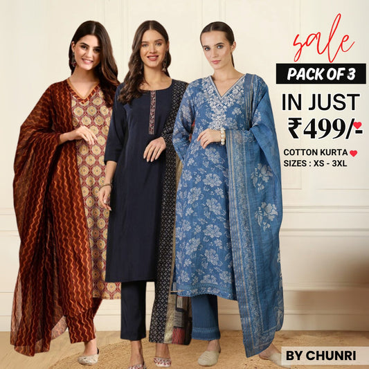 Comfort Meets Style: Women’s 3 Pack Cotton Kurta Set with Dupatta for Everyday Elegance| CK-05