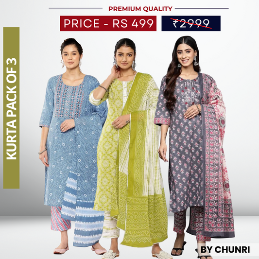 3 Piece Cotton Kurti Combo | Ideal for Office, Casual & Festive Looks | KC-03
