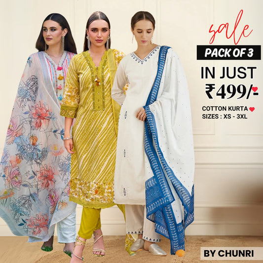 Comfort Meets Style: Women’s 3 Pack Cotton Kurta Set with Dupatta for Everyday Elegance| CK-01