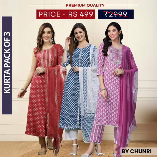 3 Piece Cotton Kurti Combo | Ideal for Office, Casual & Festive Looks | KC-04