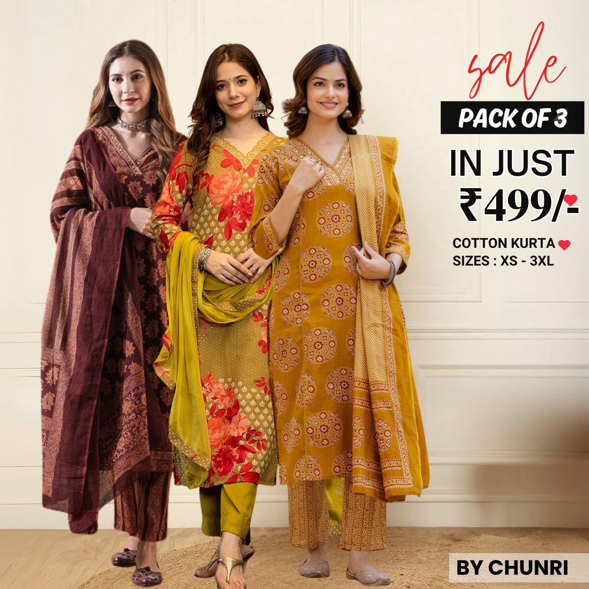 Comfort Meets Style: Women’s 3 Pack Cotton Kurta Set with Dupatta for Everyday Elegance| CK-02