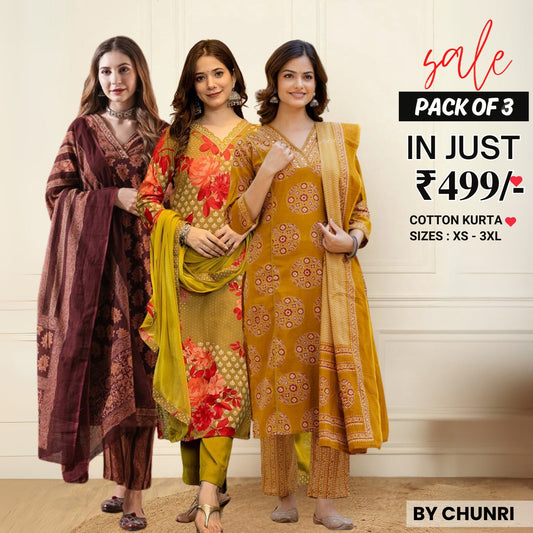 Comfort Meets Style: Women’s 3 Pack Cotton Kurta Set with Dupatta for Everyday Elegance| CK-02