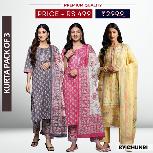 3 Piece Cotton Kurti Combo | Ideal for Office, Casual & Festive Looks | KC-05