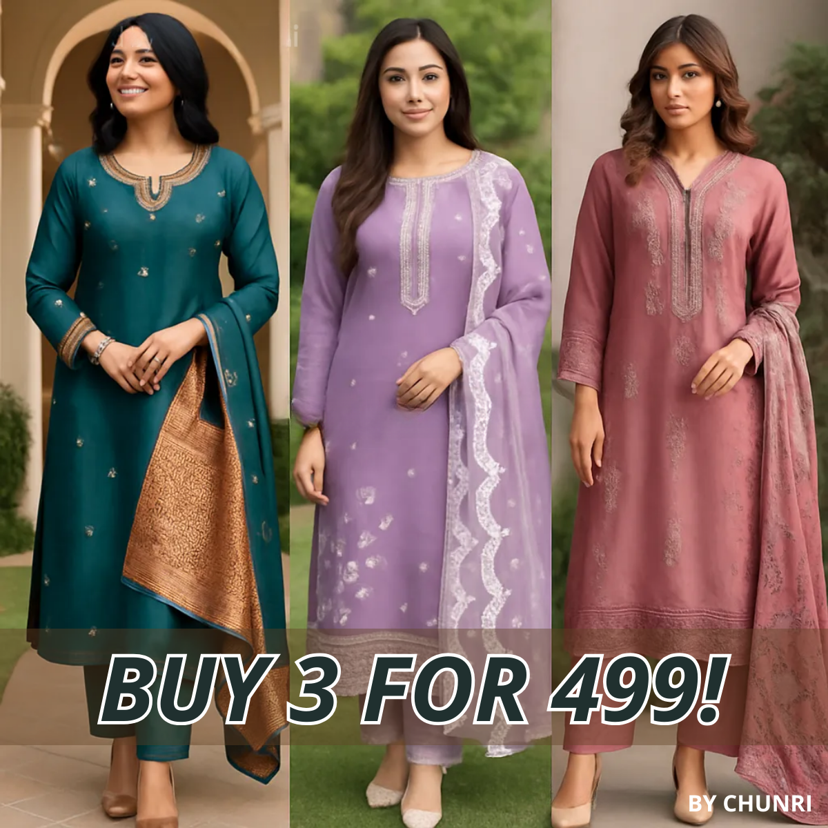 PACK OF 3 | Stylish Women’s Suit Set with Matching Dupatta | Perfect for Festivals & Parties | SD-03