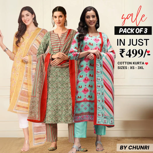 Comfort Meets Style: Women’s 3 Pack Cotton Kurta Set with Dupatta for Everyday Elegance| CK-06
