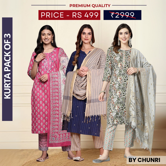 3 Piece Cotton Kurti Combo | Ideal for Office, Casual & Festive Looks | KC-06