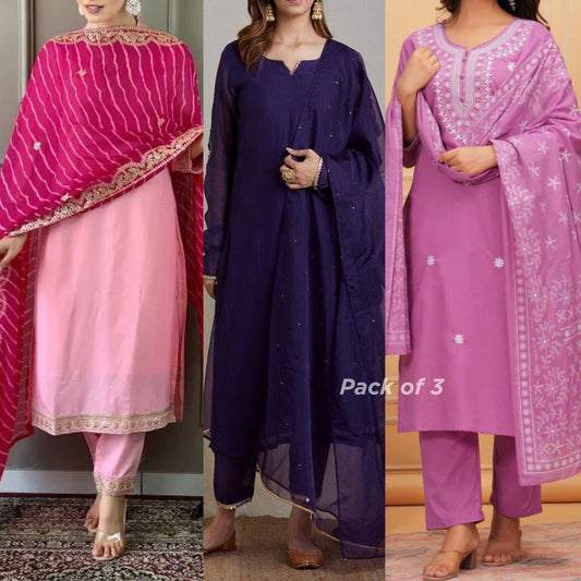 Elegant 3-Piece Women Kurti Set with Dupatta Combo Pack – Stylish, Comfortable & Versatile Ethnic Wear | KS-07