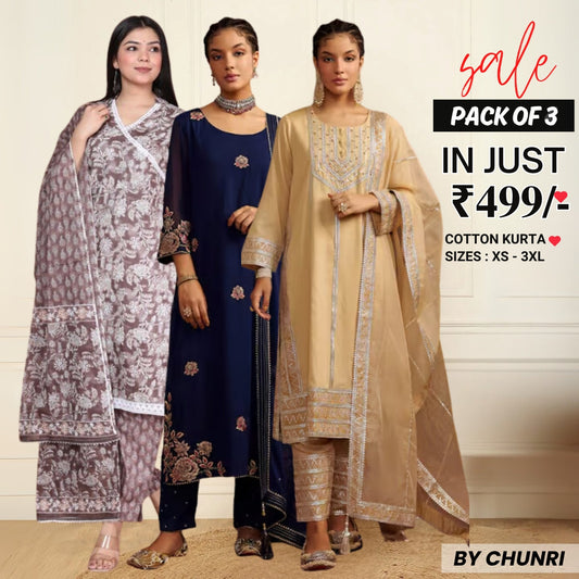Comfort Meets Style: Women’s 3 Pack Cotton Kurta Set with Dupatta for Everyday Elegance| CK-07