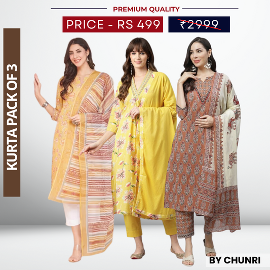 3 Piece Cotton Kurti Combo | Ideal for Office, Casual & Festive Looks | KC-07