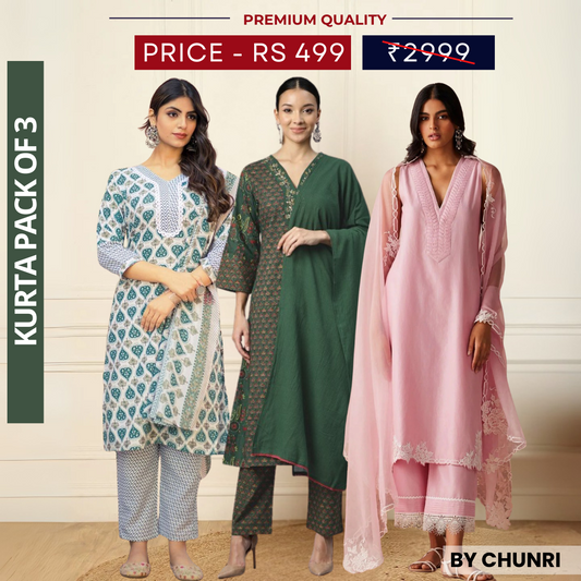 3 Piece Cotton Kurti Combo | Ideal for Office, Casual & Festive Looks | KC-08