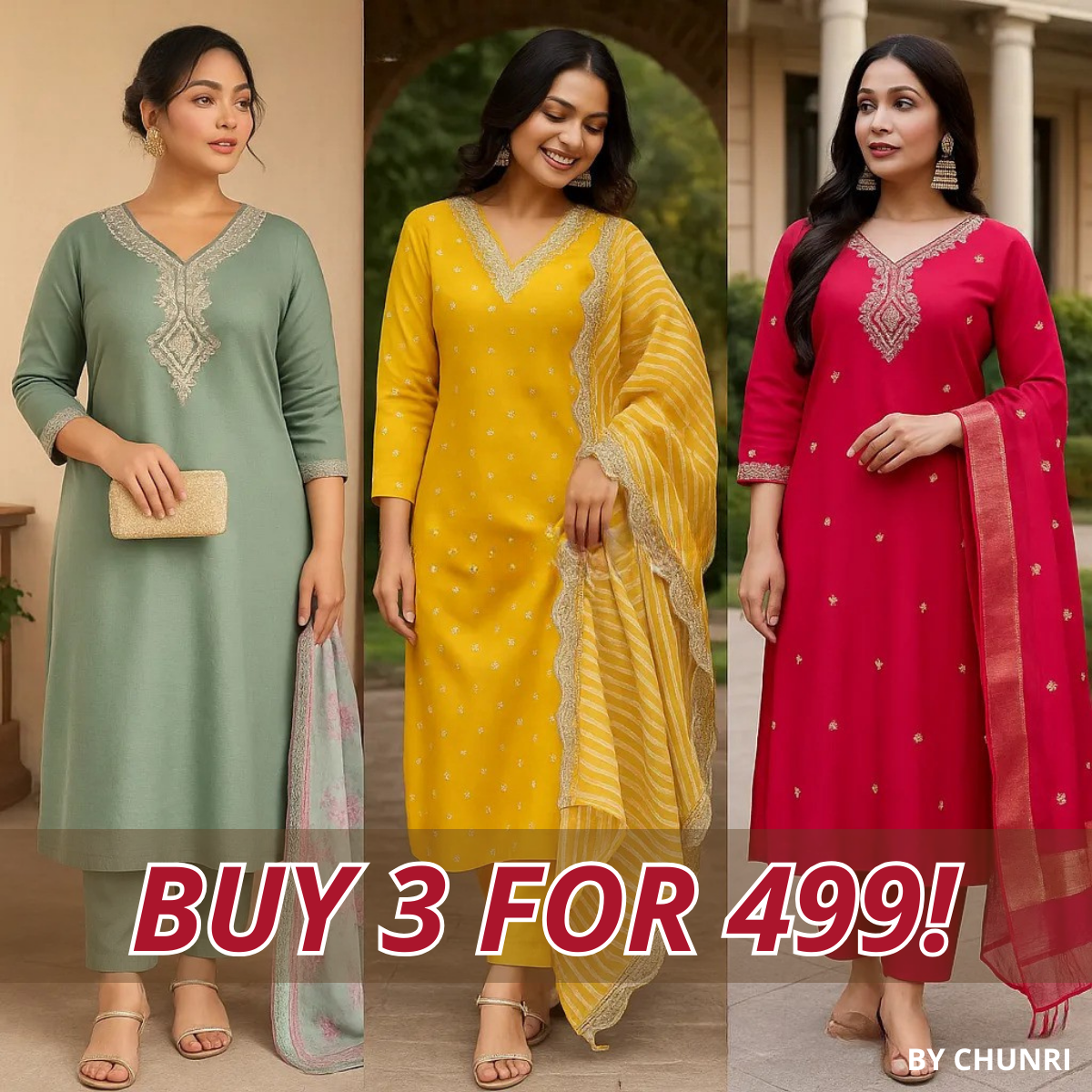 PACK OF 3 | Stylish Women’s Suit Set with Matching Dupatta | Perfect for Festivals & Parties | SD-04