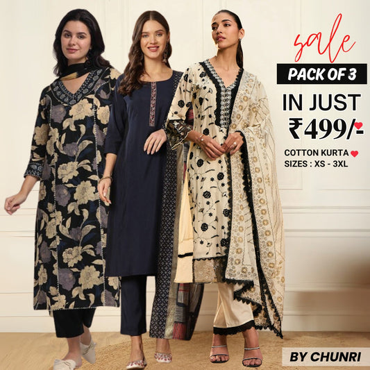 Comfort Meets Style: Women’s 3 Pack Cotton Kurta Set with Dupatta for Everyday Elegance| CK-08