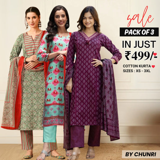 Comfort Meets Style: Women’s 3 Pack Cotton Kurta Set with Dupatta for Everyday Elegance| CK-09