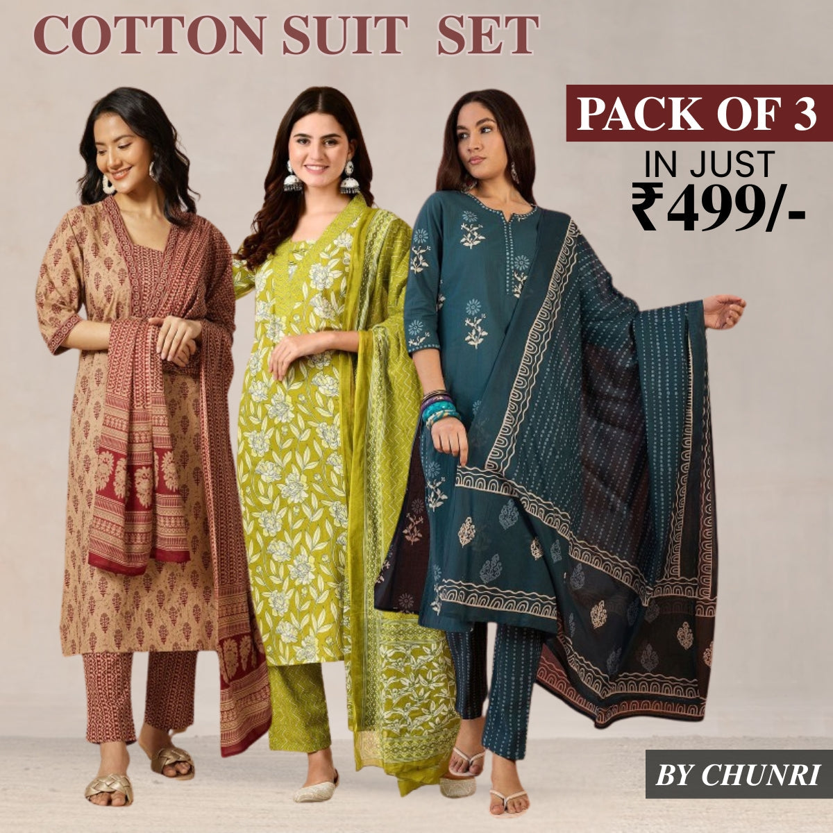 Exclusive 3-Piece Cotton Kurta Sets with Dupatta – Shop the Combo Sale Now | FP-09