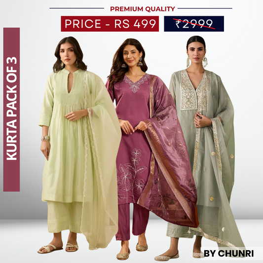 3 Piece Cotton Kurti Combo | Ideal for Office, Casual & Festive Looks | KC-09