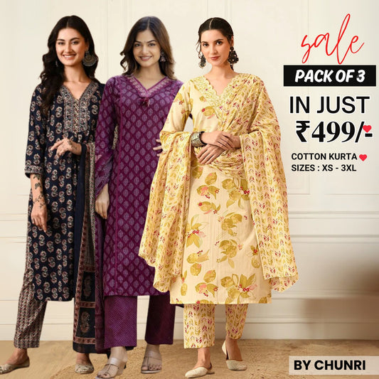 Comfort Meets Style: Women’s 3 Pack Cotton Kurta Set with Dupatta for Everyday Elegance| CK-03
