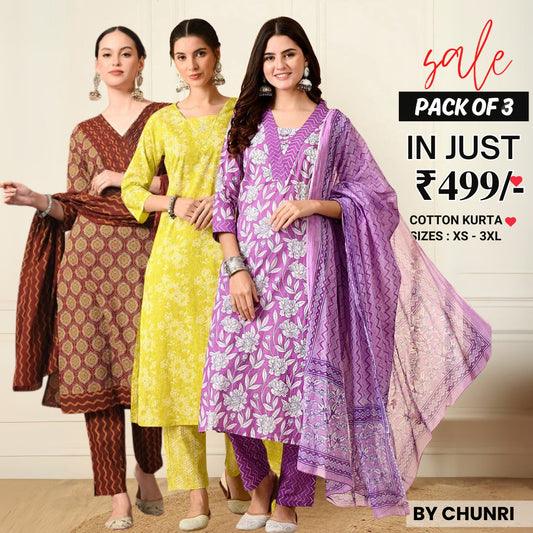 Comfort Meets Style: Women’s 3 Pack Cotton Kurta Set with Dupatta for Everyday Elegance| CK-04